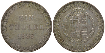 Гессен-Кассель 1 талер 1838 Вильгельм II Гессен-Кассельский (1821-1847) и Фридрих Вильгельм I (1831-1847), тираж 4041 экземпляров КМ 587, Jaeger 32, Thun 184, AKS 46, Kahnt 252 серебро 00-807-36