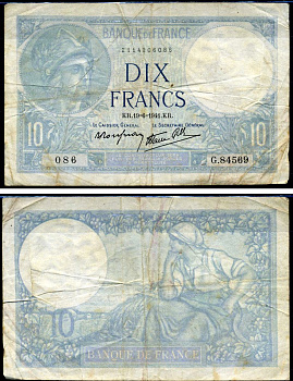 Франция 10 франков 1941 Pick 84 бумага 7457-23-3-2