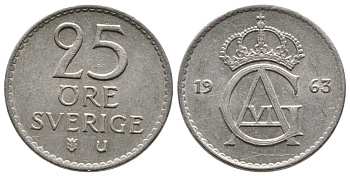 Швеция 25 эре 1963 U, Густав VI Адольф (1950-1973) KM 836 медно-никель 177-1259