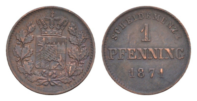 Бавария 1 пфенниг 1871 Людвиг II (1864-1886) KM 856 медь 4649-466