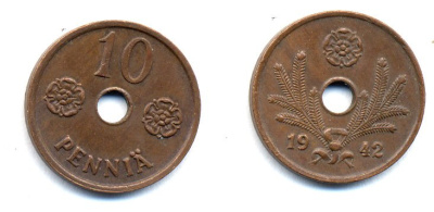 ФИНЛЯНДИЯ 10 ПЕННИ 1942 KM 33.1 медь 51-4945