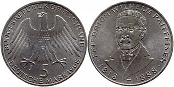 ФРГ 5 марок 1968 J, 150 лет со дня рождения Фридриха Вильгельма Райффайзена J. 396, KM 121 серебро UNC 1520-1241