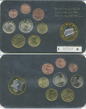 Греция евронабор из 8 монет + 1 европробник 2005-2008 в пластиковой запайке    UNC  7-5-5-09