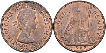 Великобритания 1 пенни 1967 Елизавета II (1952-2022) KM 897, Spink 4157 бронза    4149-133