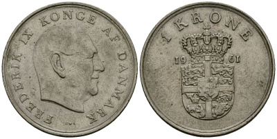 Дания 1 крона 1961 C; S, Фредерик IX (1947-1972) KM 851 медно-никель 4138-816