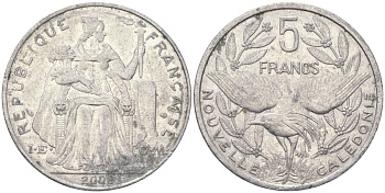 Французская Новая Каледония 5 франков 2008 птица кагу, (IEOM) KM 16, Schoen 12, Lec 81k алюминий 221-141