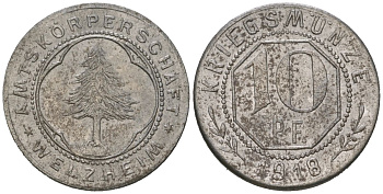 Вельцхайм (Вюртемберг) 10 пфеннигов 1918 Funck 593.2, Men05 26523.2, Men18 33344.2 железо aUNC 4151-1251