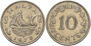 Мальта 10 центов 1972 баржа Великого магистра KM 11 медно-никель 82-436
