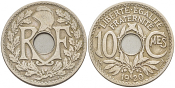 ФРАНЦИЯ 10 САНТИМОВ 1920 ТИП ЛИНДАЙЁ KM 886а медно-никель 33-1133