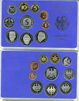 ФРГ государственный набор из 10 монет 1991 F    PROOF  3-5-3-20
