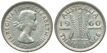 Австралия 3 пенса 1960 m, Елизавета II (1952-2022) KM 57 серебро 71-645