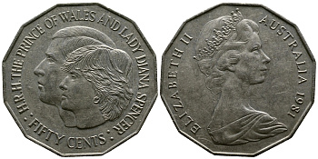 Австралия 50 центов 1981 Елизавета II (1952-2022), свадьба принца Чарльза и леди Дианы KM 72 медно-никель 3334-142