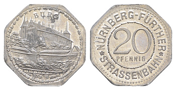 Нюрнберг трамвайный (транспортный) жетон в 20 пфеннигов ND (1920-1921) башня Men05 19256.6, Men18 24102.6 алюминий UNC 4638-241