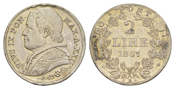 Папская область 2 лиры 1867 R, Пий IX (1846-1878) KM 1379 серебро 633-422