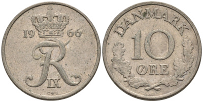 Дания 10 эре 1966 С; S, Фредерик IX (1947-1972) KM 849.1 медно-никель 4564-1224