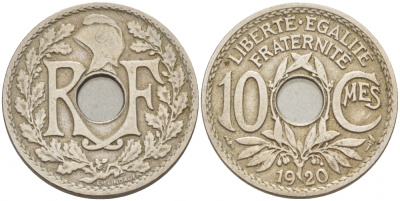 ФРАНЦИЯ 10 САНТИМОВ 1920 ТИП ЛИНДАЙЁ KM 886а медно-никель 33-1133