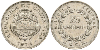 Коста-Рика 25 сентимо 1974 KM 188.1, Schoen 43 медно-никель 4116-844