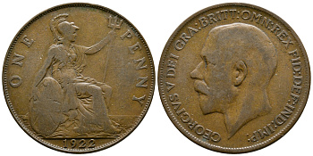Великобритания 1 пенни 1922 Георг V (1910-1936) КМ 810, Spink 4051 бронза 37-433