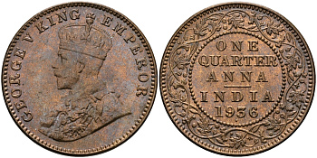 Британская Индия 1/4 анна 1936 Георг V (1910-1936) KM 512 бронза UNC 94-252