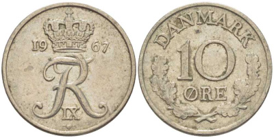 Дания 10 эре 1967 C; S, Фредерик IX (1947-1972) KM 849.1 медно-никель 4387-969