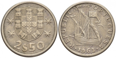 Португалия 2,5 эскудо 1963 парусник KM 590 медно-никель 4547-867