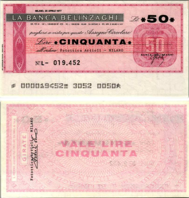 Италия 50 лир 1977 26 апреля 1977 La Banca belinzaghi, Milano бумага UNC (пресс) 7220-64-3-1