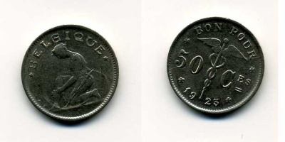 БЕЛЬГИЯ 50 САНТИМОВ 1923 BELGIQUE KM 87 никель 46-244