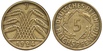 Германия 5 рейхспфеннигов 1924 J KM 39, J. 316 алюминиевая бронза 4602-1235