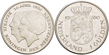 Нидерланды 1 гульден 1980 на коронацию Беатрикс, 30 апреля 1980 KM 200 никель 31-833