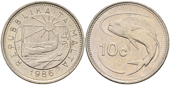 Мальта 10 центов 1986 золотая макрель KM 76 медно-никель 4588-148