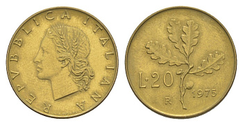 Италия 20 лир 1975 R, дубовая ветвь KM 97 алюминиевая бронза 4632-543