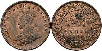 Британская Индия 1/4 анна 1936 Георг V (1910-1936) KM 512 бронза UNC 94-254