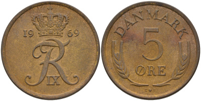 ДАНИЯ 5 ЭРЕ 1969 C; S, ФРЕДЕРИК IX (1947-1972) KM 848.1 бронза 4566-517