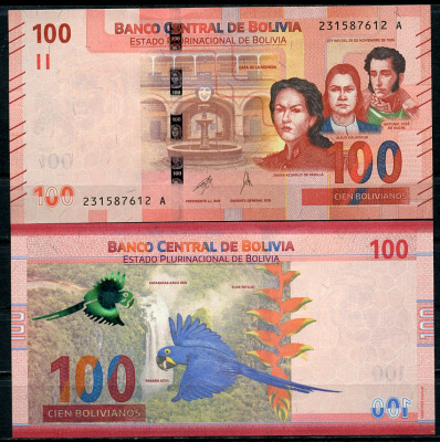 Боливия 100 боливиано 1986 (2018-2019) Хуана Асурдуй де Падилья, Алехо Калатаюд и Антонио Хосе Сукре Pick 251 (2)  бумага  UNC (пресс) 451-779-1