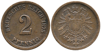 ГЕРМАНИЯ 2 ПФЕННИГА 1875 G, СТАРОГЕРБОВКА KM 2, J.2 медь 34-914