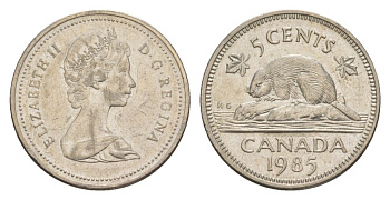 Канада 5 центов 1985 Елизавета II (1952-2022), бобр KM 60.2a медно-никель 4630-734