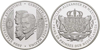 НИДЕРЛАНДЫ МЕДАЛЬ 2006 ГОСУДАРСТВЕННЫЙ ВИЗИТ В АРГЕНТИНУ НА РОДИНУ ПРИНЦЕССЫ МАКСИМЫ, ДИАМЕТР 38,5 ММ., ВЕС 25,348 ГР. серебро PROOF 1076-8-34