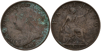Великобритания 1 фартинг 1901 Виктория (1837-1901) KM 788.2, Spink 3964 бронза 4158-521