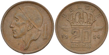 БЕЛЬГИЯ 20 САНТИМОВ 1954 BELGIE KM 147.1 бронза 4528-913