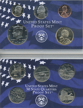 США 2 официальных набора в одном 2001 S, два пруфсета в пластиковых коробках, регулярный чекан и 5 квотеров штаты, в оригинальной коробке с сертификатом PROOF 00-00