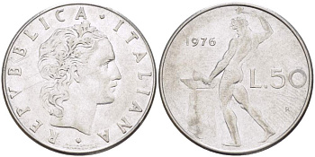 ИТАЛИЯ 50 ЛИР 1976 R, КУЗНЕЦ, ВУЛКАН БОГ ОГНЯ, ДИАМЕТР 25 ММ. KM 95.1 нержавеющая сталь 113-234