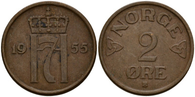 Норвегия 2 эре 1955 Хокон VII (1906 - 1957) KM 399 бронза 4156-243