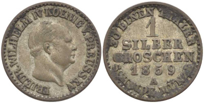 ПРУССИЯ 1 ГРОШ 1859 А, ФРИДРИХ ВИЛЬГЕЛЬМ IV (1840-1861) KM 462 серебро 201-637