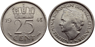 НИДЕРЛАНДЫ 25 ЦЕНТОВ 1948 ВИЛЬГЕЛЬМИНА KM 178 никель 46-139