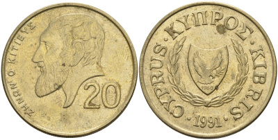 Кипр 20 центов 1991 KM 62.2 никель латунь 4140-816