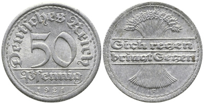 ГЕРМАНИЯ 50 ПФЕННИГОВ 1921 GF KM 27, J. 301 алюминий 24-1012