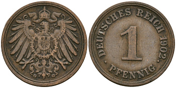 Германия 1 пфенниг 1902 G, Вильгельм II (1888-1918) KM 10, J. 10 медь 4608-227