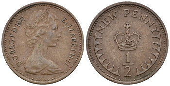 Великобритания 1/2 пенни 1971 Елизавета II (1952-2022) KM 914, Spink 4239 бронза 3309-1243