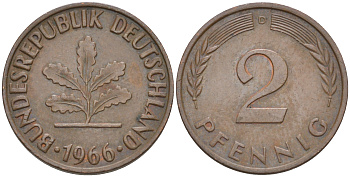 ФРГ 2 пфеннига 1966 D KM 106, J. 381 бронза 55-1217