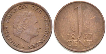 НИДЕРЛАНДЫ 1 ЦЕНТ 1967 ЮЛИАНА (1948-1980) KM 180 бронза 218-1246
